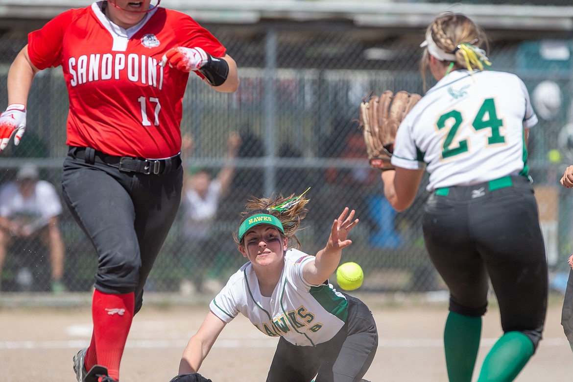 JASON DUCHOW PHOTOGRAPHY
Lakeland pitcher Devry Bursch (8) flips the ball to Delaney Gosch (24) at first base Saturday, as Via Barlow of Sandpoint closes in on the bag. Barlow was safe on the play.