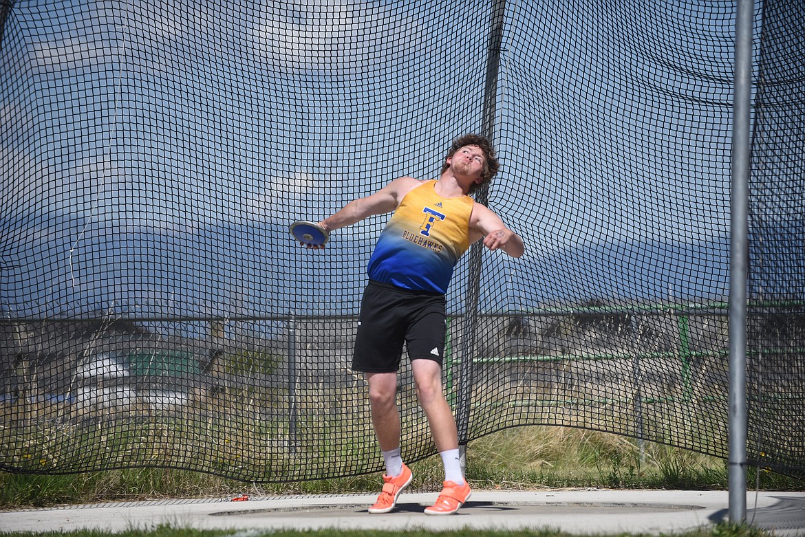 Thompson Falls' Cody Burk had a pretty good performance Saturday at the 7B District championships in Eureka. Burk won the discus and the shot put while placing second in the javelin. (Photo by Scott Shindledecker/Valley Press)