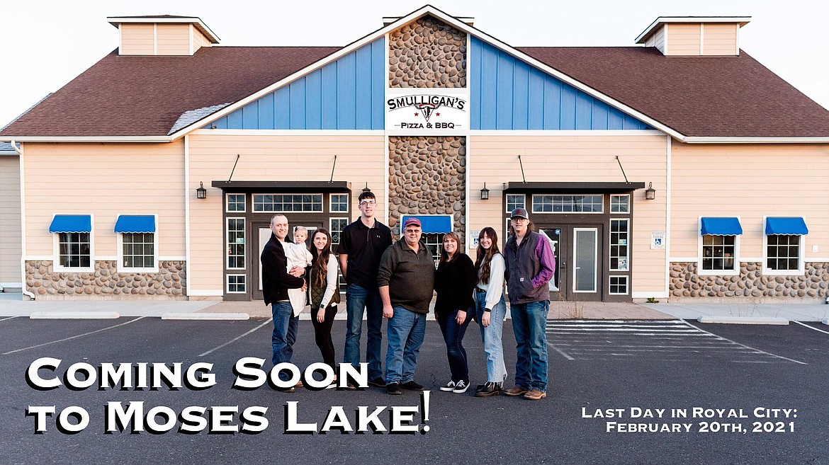 The Small family, (left to right) Jarin Price, Henley Price, Morgan Price, Ethan Small, Warren Small, Cynthia Small, Lindsey Small and Ryan Small, pose in front of the new Smulligan's Pizza & BBQ location in Moses Lake.