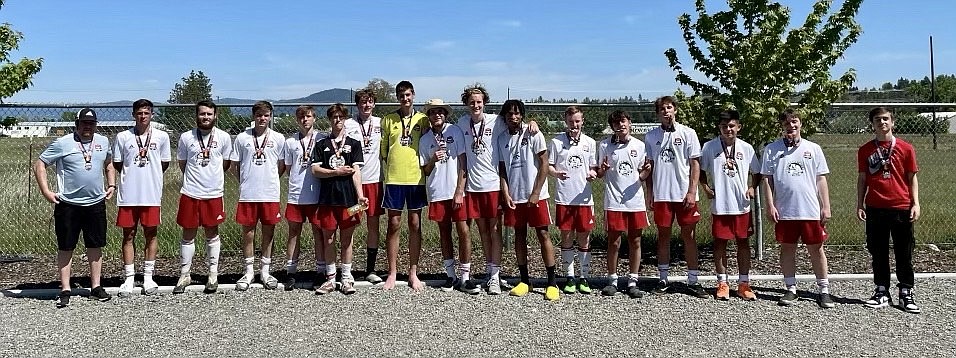 Courtesy photo
The Timbers North FC 04 Red boys soccer team were champions in their age group at the Bill Eisenwinter Hotshot Tournament held this past weekend. Saturday morning the Timbers defeated Flathead Valley 05B 3-0. Evan Lowder had 2 assists and 1 goal, Andon Brandt 1 goal, and Joseph Sarkis  1 goal. Kael McGowan had the shutout as goalkeeper. Saturday afternoon the Timbers defeated Idaho Inferno 04 B 2-0. Evan Lowder had 1 goal, Noah Janzen 1 goal, and Lance Gilmor one assist. Kael McGowan had the shutout as goalkeeper. Sunday morning the Timbers defeated Flathead Valley 04B 9-0. Joseph Sarkis scored 5 goals, Noah Janzen 1 goal, Tyler Gasper 1 goal, Lance Gilmor 1 goal, and Ty Milligan 1 goal. Ty Milligan had 2 assists and Evan Lowder 1 assist. Kael McGowan and Lance Gilmor teamed in goal for the shutout. Sunday afternoon the Timbers defeated Flathead Valley 05B 5-1 in the championship game. Lance Gilmor had 2 goals, Noah Janzen 1 goal, Jack Shrontz 1 goal, and Joseph Sarkis 1 goal. Joseph Sarkis had 1 assist and Evan Lowder 1 assist. Pictured from left are coach Kasey Laffoon, Joshua Kerns, Evan Brinkmeier, Evan Lowder, Andon Brandt, Noah Janzen, Lance Gilmor, Kael McGowan, Jack Shrontz, Garrett Heuett, Ty Milligan, Tyler Gasper, Joseph Sarkis, Evan Darling, Jack Wallace Sandobal, Ethaniel Johnson and Jan Mielcke.