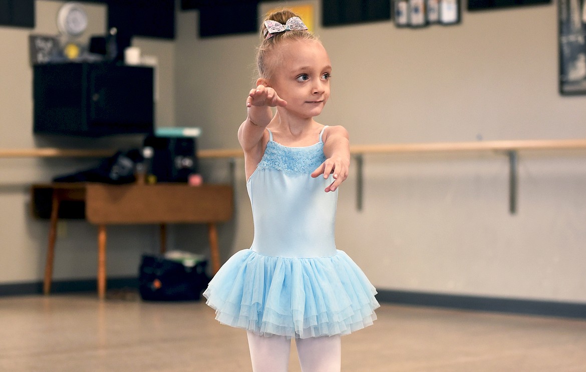 4-year-old Eva Ham practices part of a dance number she will do at a performance in late May. She started ballet at The Whitefish School of Ballet in March at the Tots level class. (Whitney England/Whitefish Pilot)