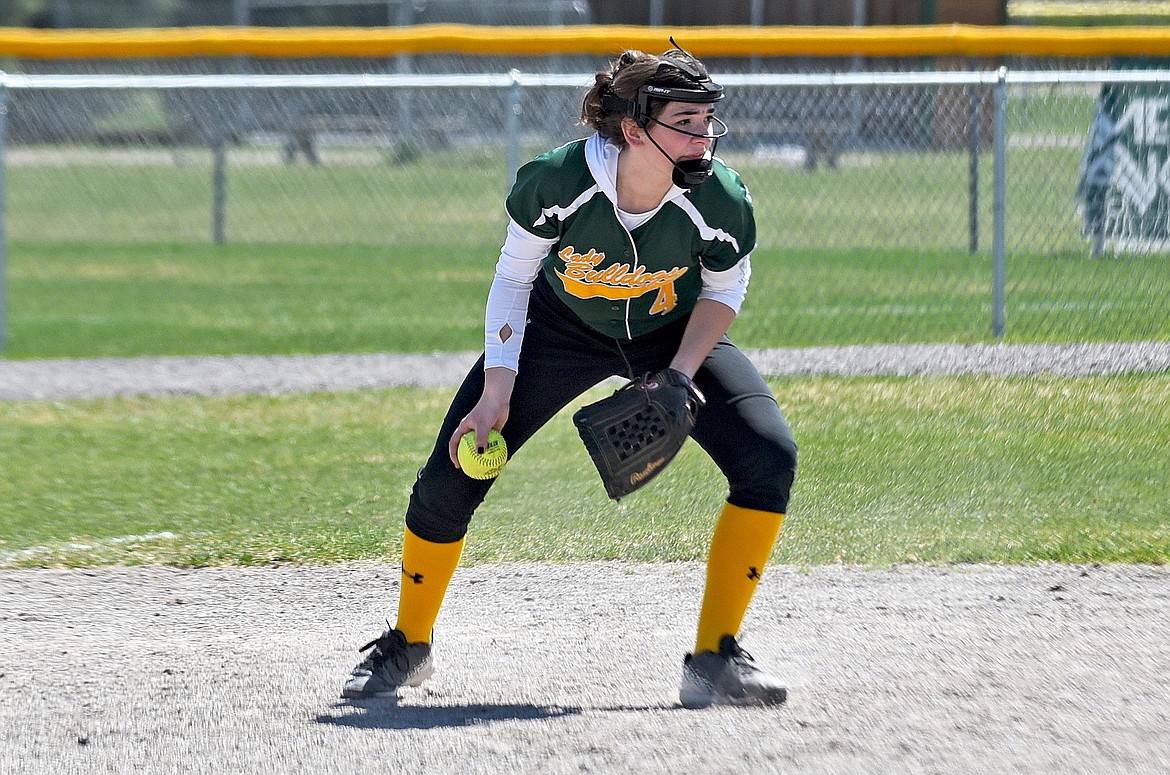 Lady Bulldog Autumn Laferriere plays third base during a softball game against Ronan on May 6 in Whitefish. (Whitney England/Whitefish Pilot)