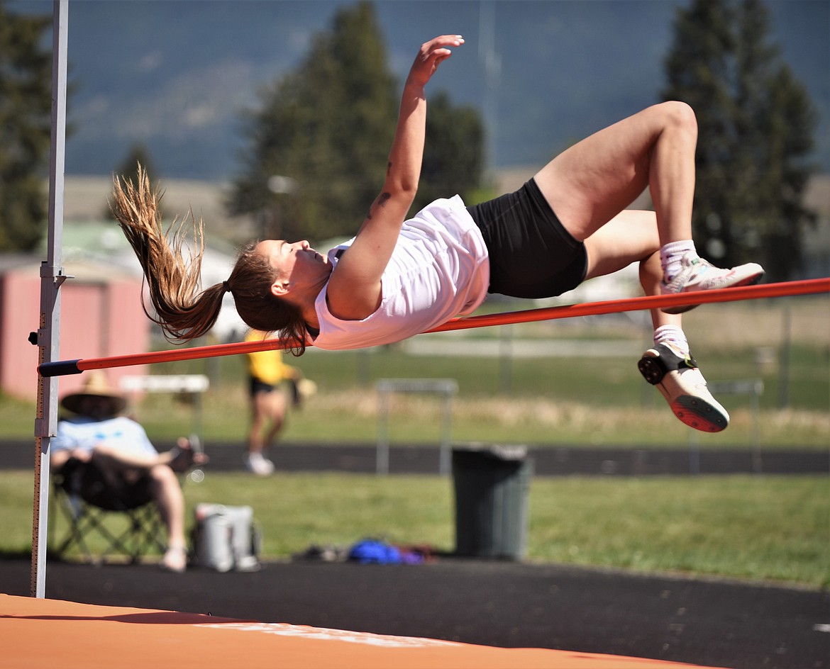 Mission's Sydney Brander competes in the high jump at the 7B district meet at Eureka. (Scott Shindledecker/Clark Fork Press)