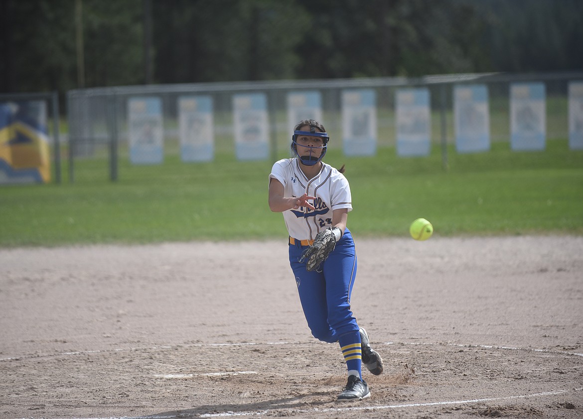 Thompson Falls pitcher Cheyla Irvine delivers against Plains last Tuesday. Irvine tossed a complete game, four-hitter and slammed a home run in a 2-1 win. (Scott Shindledecker/Valley Press)