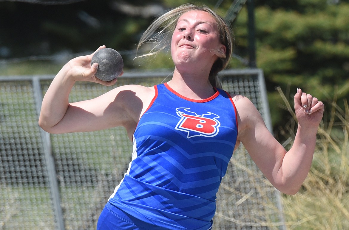 Scout Nadeau's new personal best throw of 34 feet, 1 inch won her their district title at Eureka Saturday. (Jeremy Weber/Bigfork Eagle)