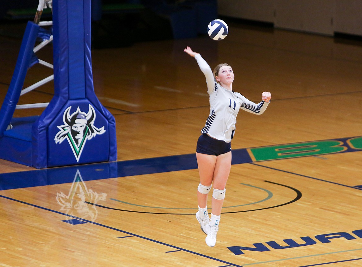 Madee Owens serves the ball for Big Bend in Tuesday evening’s matchup with Blue Mountain Community College in Moses Lake