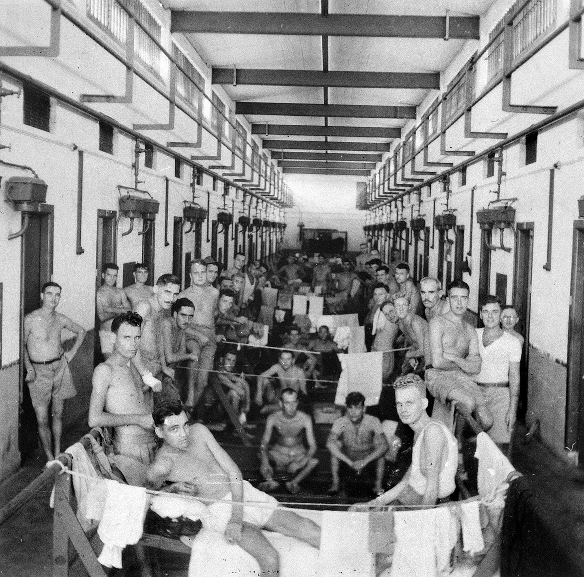 Allied prisoners of war at Changi prison in Singapore, many later sent elsewhere by the Japanese as slave labor, including working on the Thailand-Burma railroad (“Bridge Over the River Kwai”).