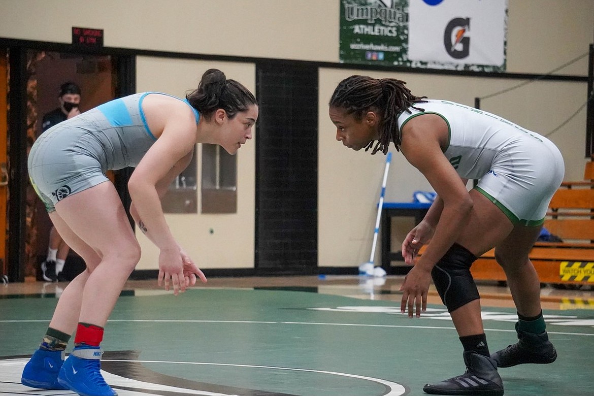 Aliyah Yates, right, stares down her opponent on Friday at the Women’s Junior College National Championship over the weekend on her way to claiming the title.