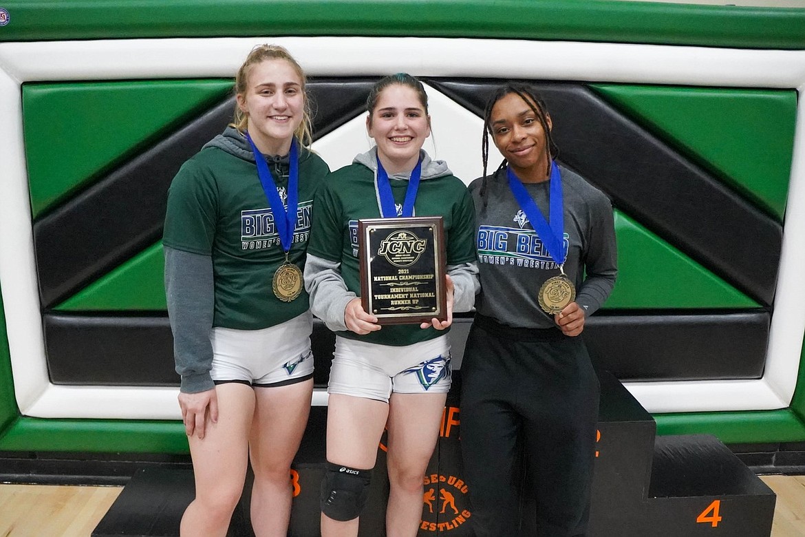 Left to right, Big Bend Community College wrestlers Avery Ackerman, Cora Orton and Aliyah Yates took individual national championships on Friday in their respective weight classes at the first-ever Women’s Junior College National Championship.