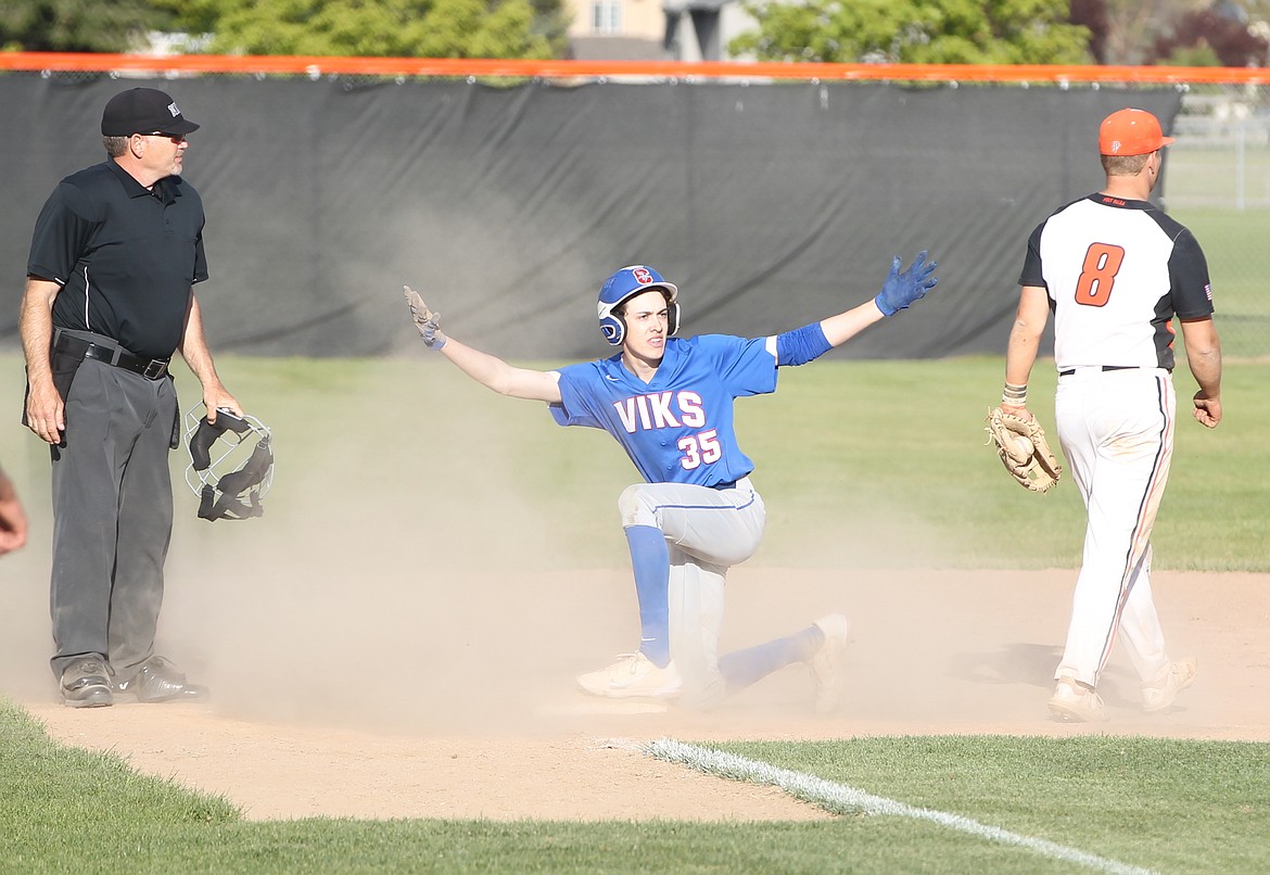 MARK NELKE/Press
Coeur d'Alene junior Ryan Schneider celebrates after hitting a triple against Post Falls in last week's 5A Region 1 baseball title game at Post Falls.