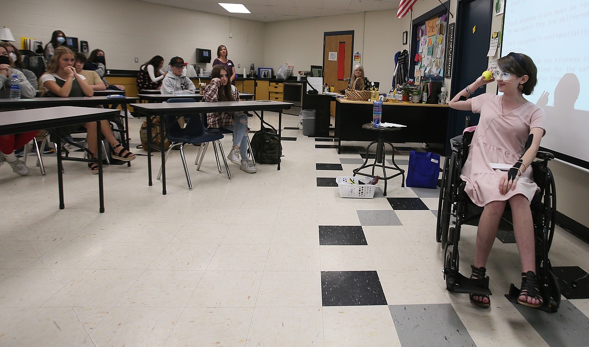 Adrienne Roads discusses the importance of her squishy ball in her health care journey as she presents her senior project on Kindness Crates to Natalie Walters' leadership class on May 13.