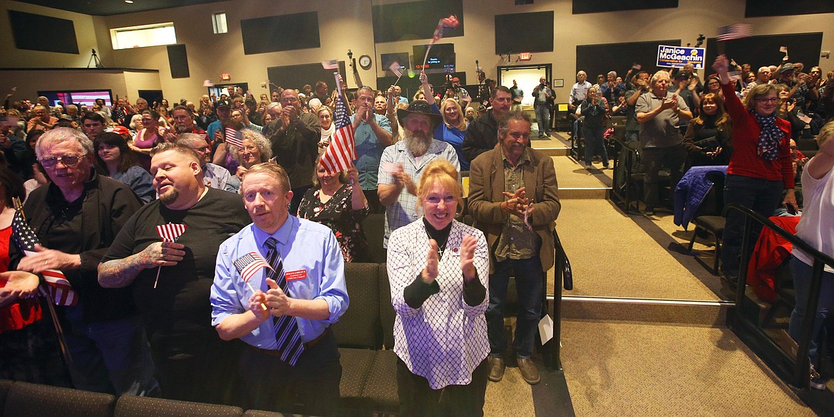 The crowd cheers for Janice McGeachin during her speech Wednesday at Candlelight Christian Fellowship when she announced she was running for governor of Idaho.