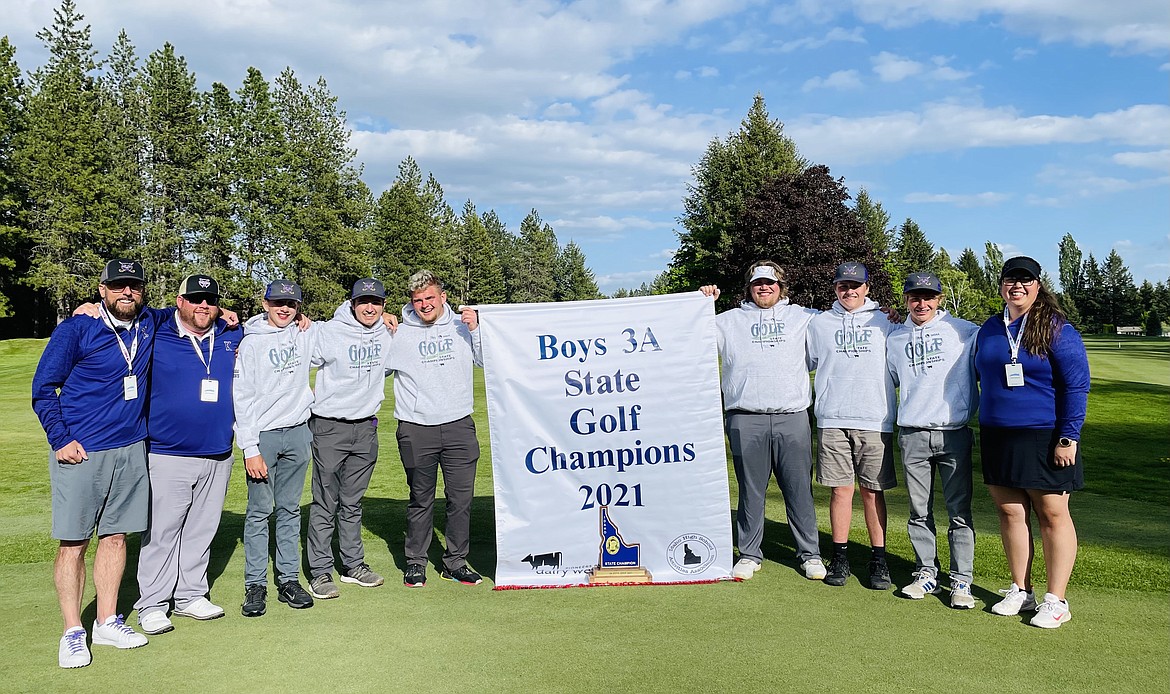 The Kellogg High School Boy's Golf Team won the 3A State Championship last May at Twin Lakes Village. They have been nominated for the 3A -1A Male Team of the Year at the 60th annual North Idaho Athletic Hall of Fame awards. Pictured (from left) are Head Coach Simon Miller, assistant coach Danny Kenyon, Stephen Paul, Archie Rauenhorst, Robby Bublitz, Griffey Doerschel, Ben Bristow, Jaeger Hall and assistant coach Kayla Monroe. The championship was the Wildcats' third in the last five years.