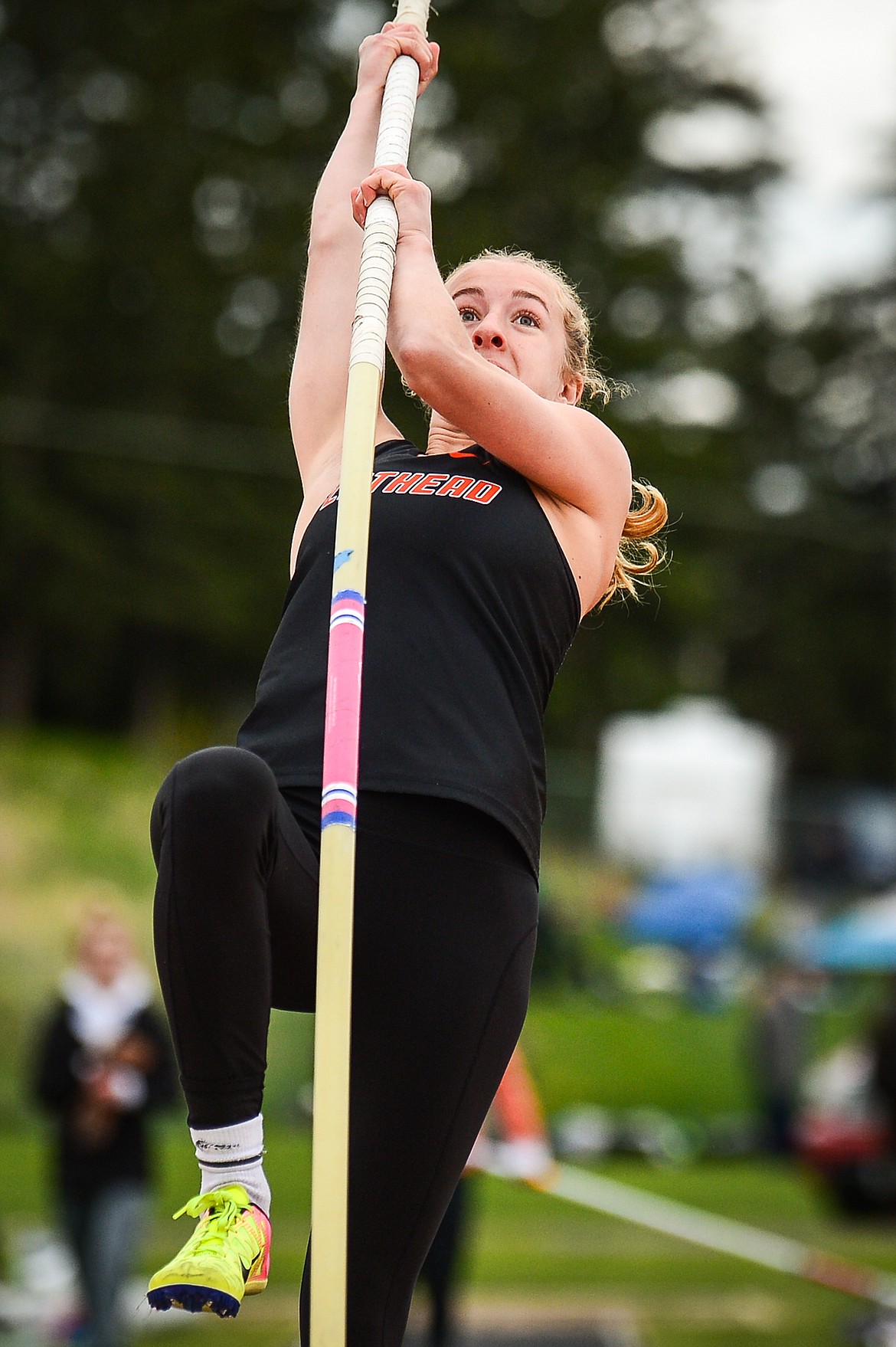 Flathead's Hania Halverson competes in the pole vault during the Western AA Divisional Track Meet at Legends Stadium on Friday. (Casey Kreider/Daily Inter Lake)