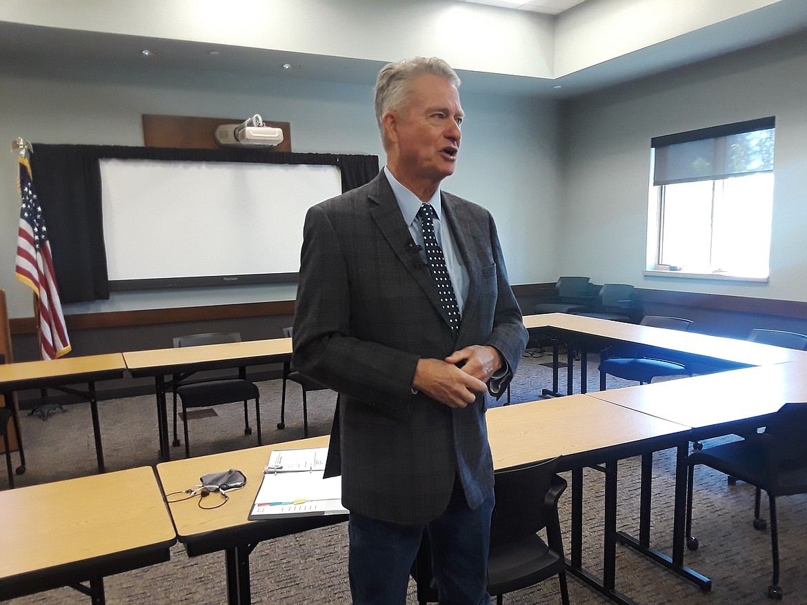 Gov. Brad Little held a press conference at the Department of Labor offices in Post Falls Friday, where he all-but-announced his decision to run for re-election. "Don't be shocked if I run for Governor again," he said. (CRAIG NORTHRUP/Press)