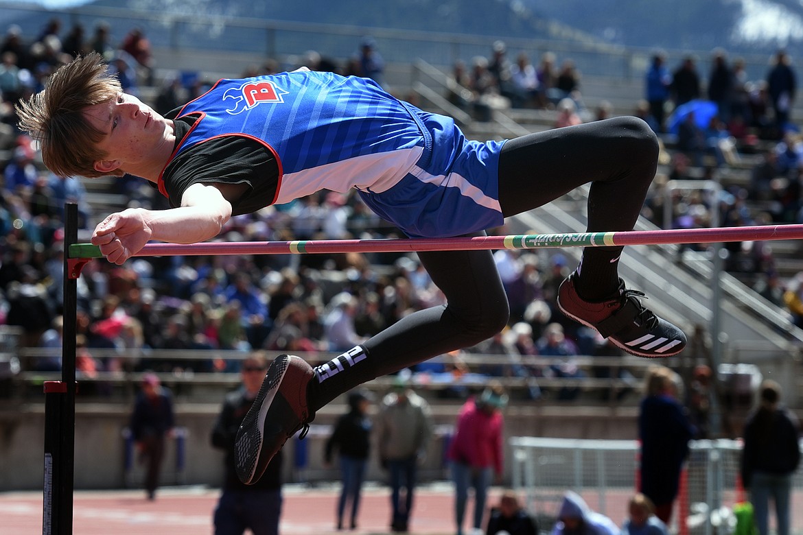 Bigfork's Wyatt Duke clears 6 feet 4 inches to win the Western B divisional high jump title at MCPS Stadium in Missoula Saturday. (Jeremy Weber/Daily Inter Lake)