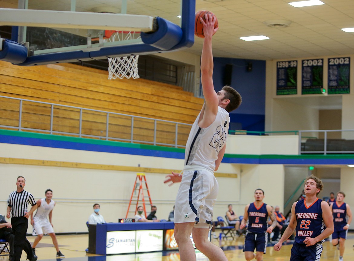 Big Bend sophomore Jack McClary goes up a late-game dunk in his final home game for the Run-in’ Vikes on Saturday afternoon against Treasure Valley.