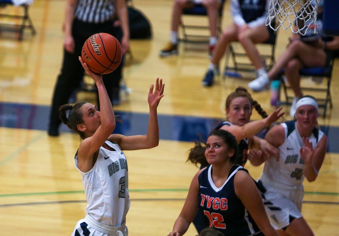 Big Bend sophomore Savana Stephenson spins to score in the lane for the Vikings in her final home game on Saturday afternoon in Moses Lake.