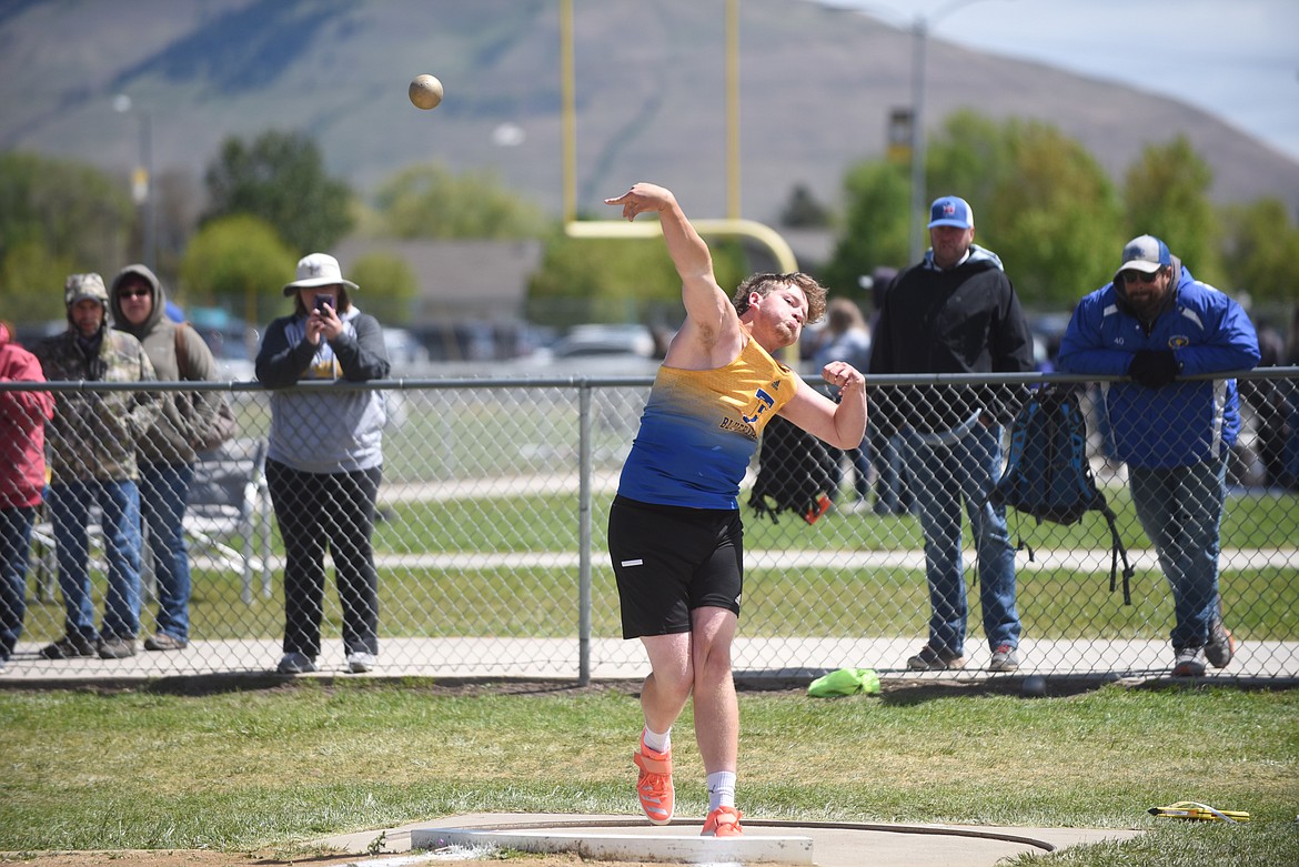 Thompson Falls’ Cody Burk is headed to this week’s Class C state meet after winning the shot put and discus in last week’s divisional championships in Missoula. Burk also qualified in the javelin with a sixth place finish. (Scott Shindledecker/Valley Press)