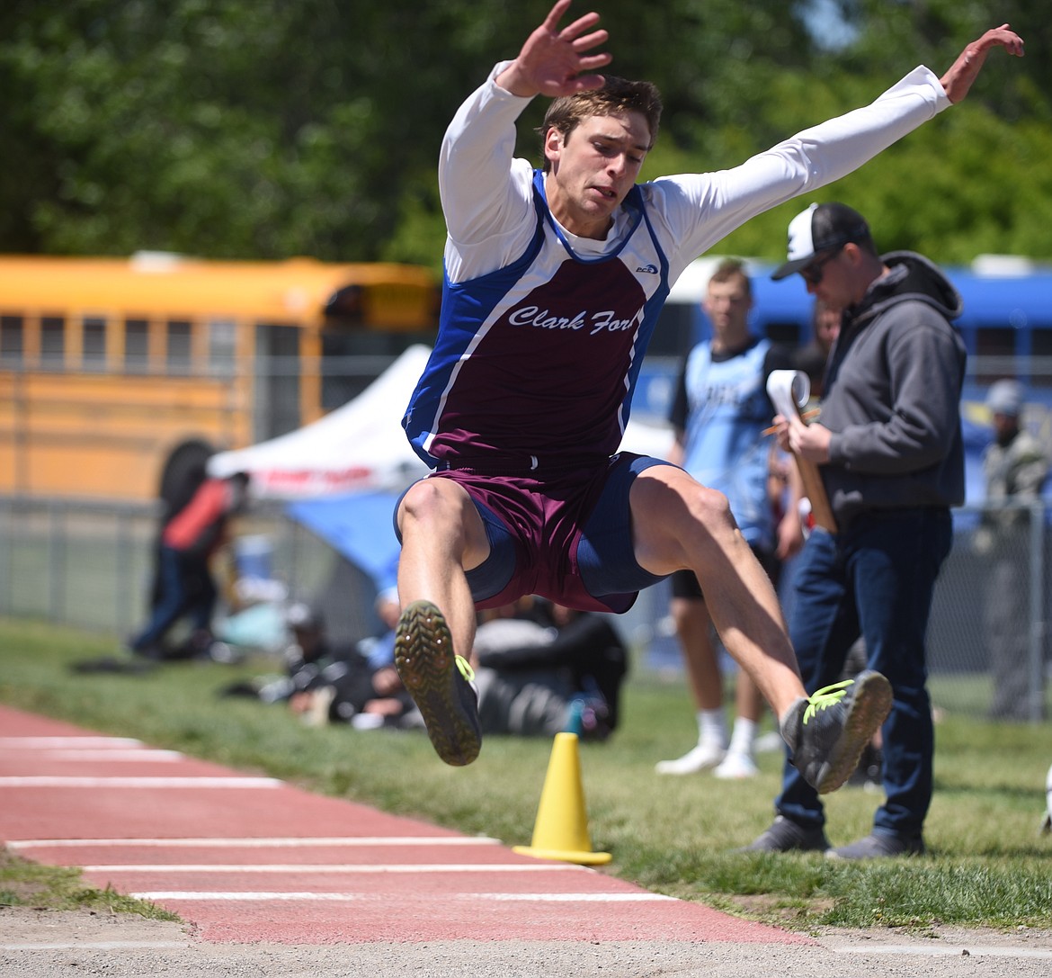 Clark Fork senior Carson Callison long jumped 19 feet, 3 1/2 inches Saturday to win the event at the Class C divisional in MIssoula. Callison also qualified for this week’s state championship meet in the high and triple jumps as well as in the 4x100 and 4x400 relays. (Scott Shindledecker/Valley Press)