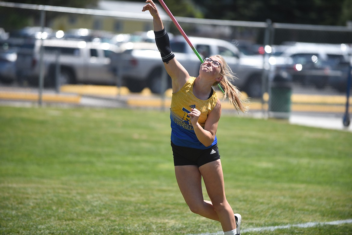 Thompson Falls’ Chesney Lowe is headed to this week’s Class C state meet after winning the javelin and placing second in the pole vault in last week’s divisional championships in Missoula. Lowe also qualified in the triple jump with a sixth place finish. (Scott Shindledecker/Valley Press)