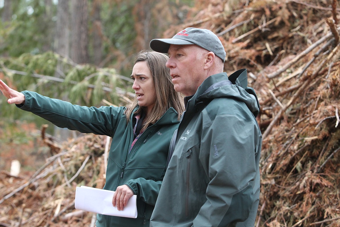 Gov. Greg Gianforte tours the Ski Dale Good Neighbor Authority project with Jodi Turk of DNRC on May 21. Gianforte touted the need for more forestry management in Lincoln County during his first visit to Libby since his election.