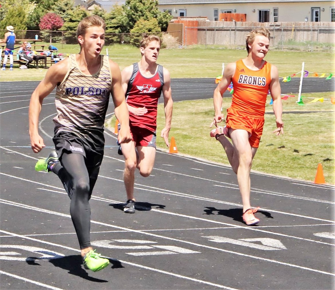 Polson's Austin Luper competes in the 200 meters at the Western A divisional meet at Columbia Falls. (Courtesy of Greg Nelson)