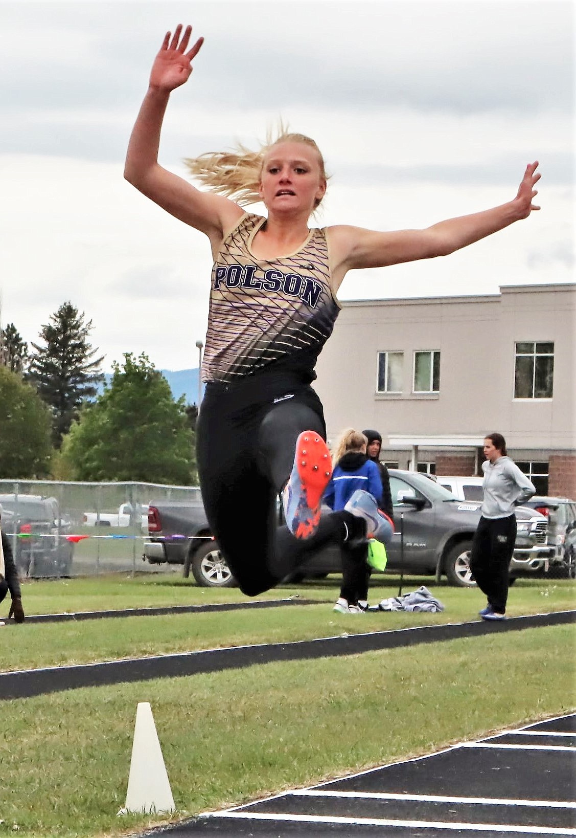 Polson's Hallie Moss competes in the long jump at the Western A divisional meet at Columbia Falls. (Courtesy of Greg Nelson)