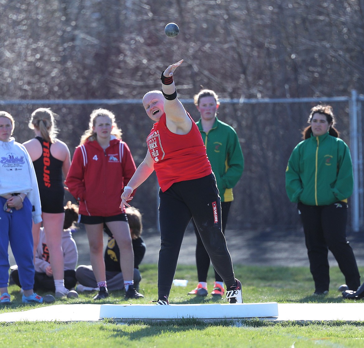 Kayla Remsen competes in the shot put during the Sandpoint Inland Empire League meet on April 13. The junior placed sixth in the event at state.