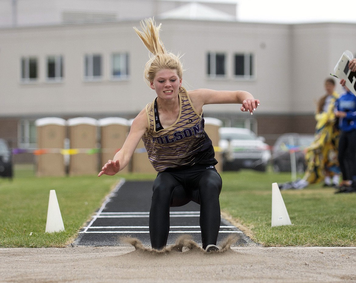 Polson's Kylee Seifert competes in the long jump at the Western A divisional meet at Columbia Falls. (Teresa Byrd/Hungry Horse News)