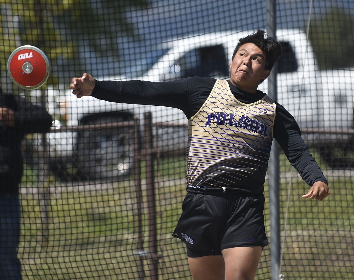 Polson's Xavier Pierre competes in the discus at the Western A divisional meet at Columbia Falls. (Teresa Byrd/Hungry Horse News)