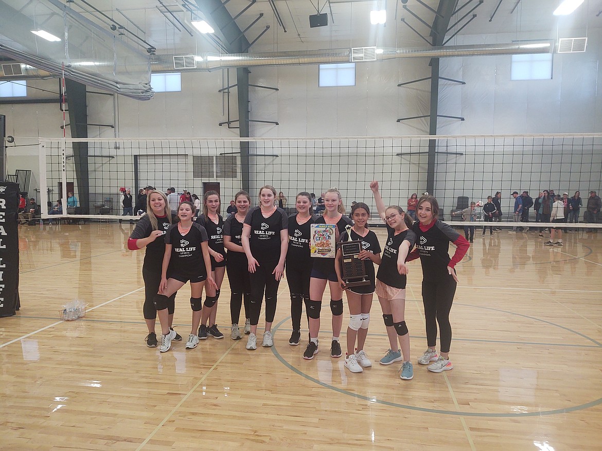 Courtesy photo
The Pterodactyls won the Cereal Cup championship in grade 6-8 volleyball at The Courts at Real Life Ministries. From left are coach Paula Thurston, Natalya Yong, Kennedy Pendergast, Chloe Hite, Annalyse James, Riley Hill, Bella Anderson, Shelby Christianson, Madelyn Devlin and assistant coach Sophie Martin.