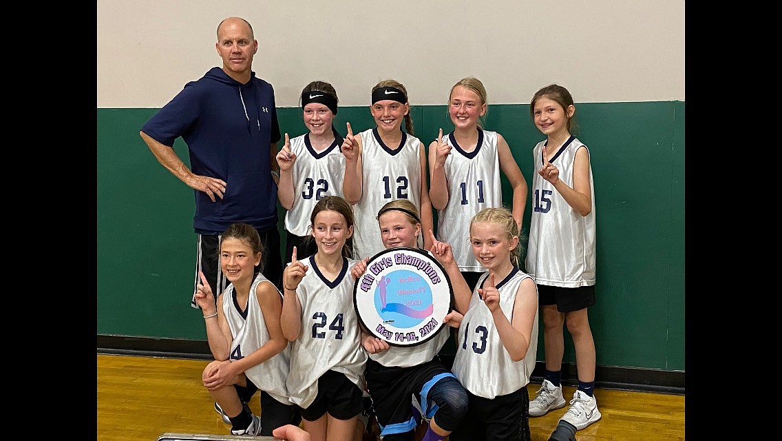 Courtesy photo
The Coeur d'Alene Lakers went 5-0 to win the 2021 Belles Blastoff fourth-grade girls basketball championship at The Warehouse in Spokane on May 14-16. In the front row from left are Brylee Brown, Noelia Axton, Brynlee Johnston and Chloe Rasmussen; and back row from left, coach Royce Johnston, Jaeli Hoffman, Ainsley Jones, Payton Brown and Mak Simmelink.