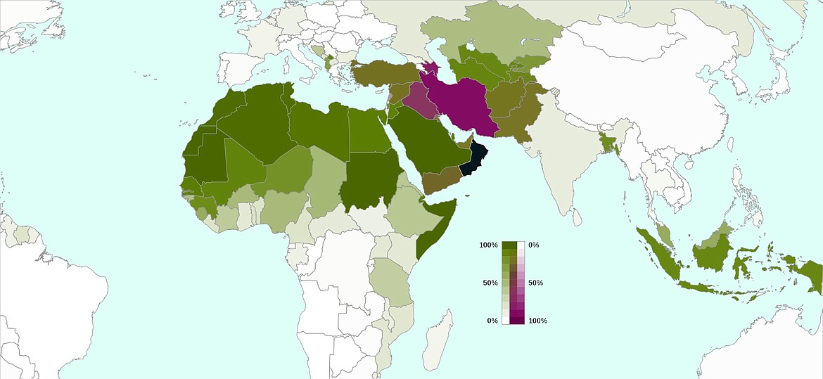 Countries where Muslims are at least 10 percent of the population, the different colors in this map denoting different branches of Islam.