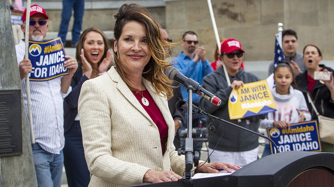 Lt. Gov. Janice McGeachin, pictured announcing her candidacy for governor, issued an executive order banning mask mandates statewide among state political entities and schools. McGeachin is acting governor while Republican Gov. Brad Little is out of state at the Republican Governors Association conference.