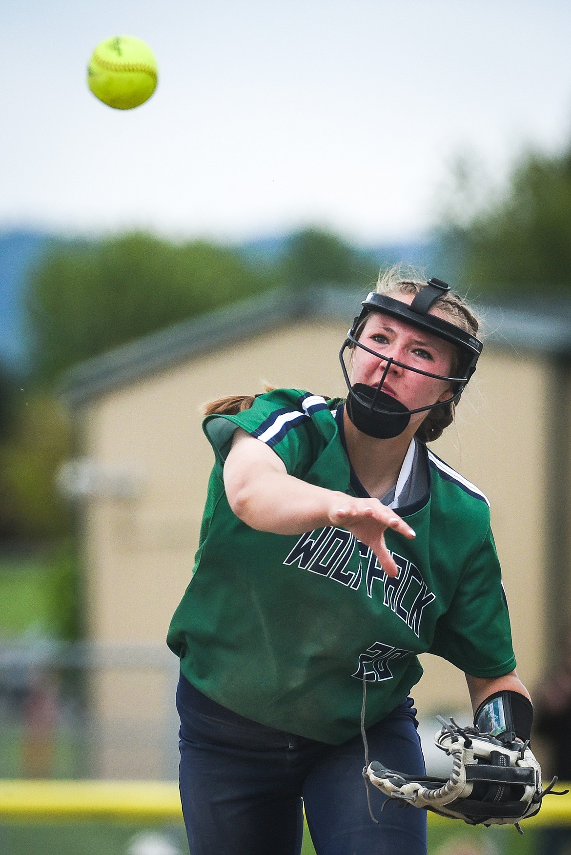 Glacier second baseman Kenadie Goudette (20) throws to first after fielding a ground ball against Billings Senior during the first round of the State Class AA Softball Tournament at Kidsports Complex on Thursday. (Casey Kreider/Daily Inter Lake)