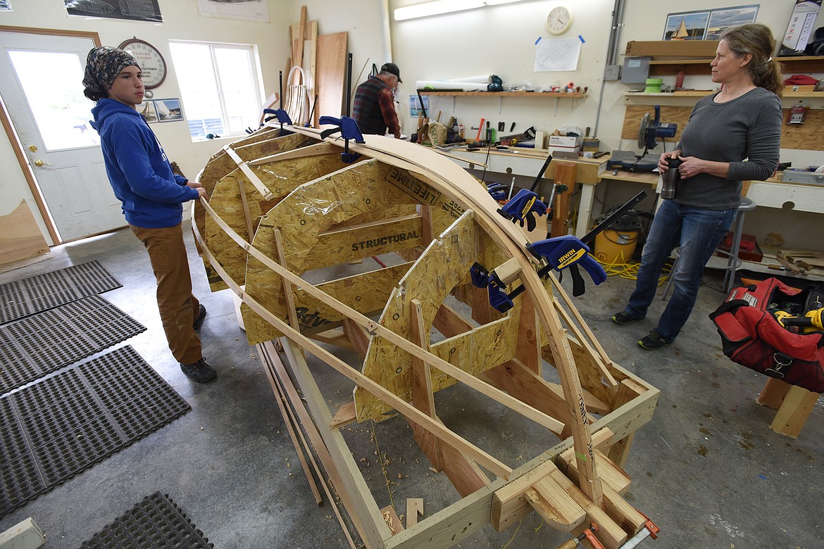 The Milone family's Norwegian-style sailboat project, seen Wednesday, May 26, 2021, is well underway at the Montana Wooden Boat Foundation in Lakeside. (Jeremy Weber/Daily Inter Lake)