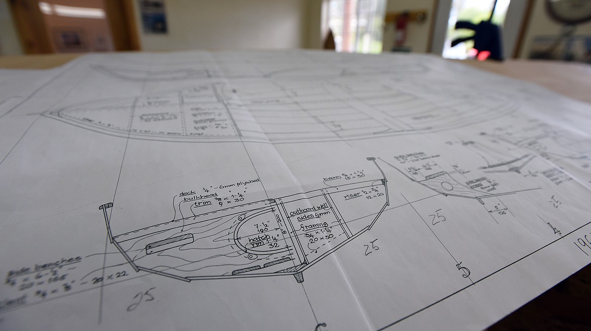 Intricate plans the Milone family is using to build a Norwegian-style sailboat project, seen Wednesday, May 26, 2021, sit atop the vessel at the Montanan Wooden Boat Foundation in Lakeside. (Jeremy Weber/Daily Inter Lake)