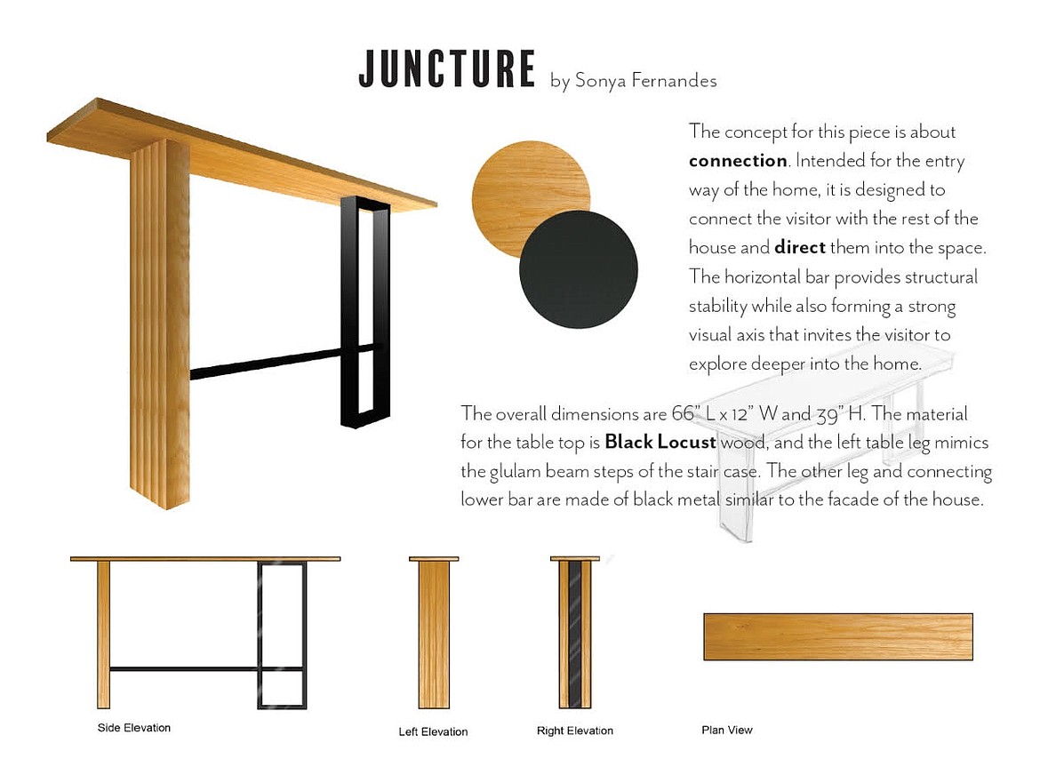 This is the design concept for the table interior architecture student Sonya Fernandes, of Post Falls, designed for the University House in Moscow. The home serves as the residence of University of Idaho President Scott Green and his wife, Gabriella. It is also a public gathering space for the university community.