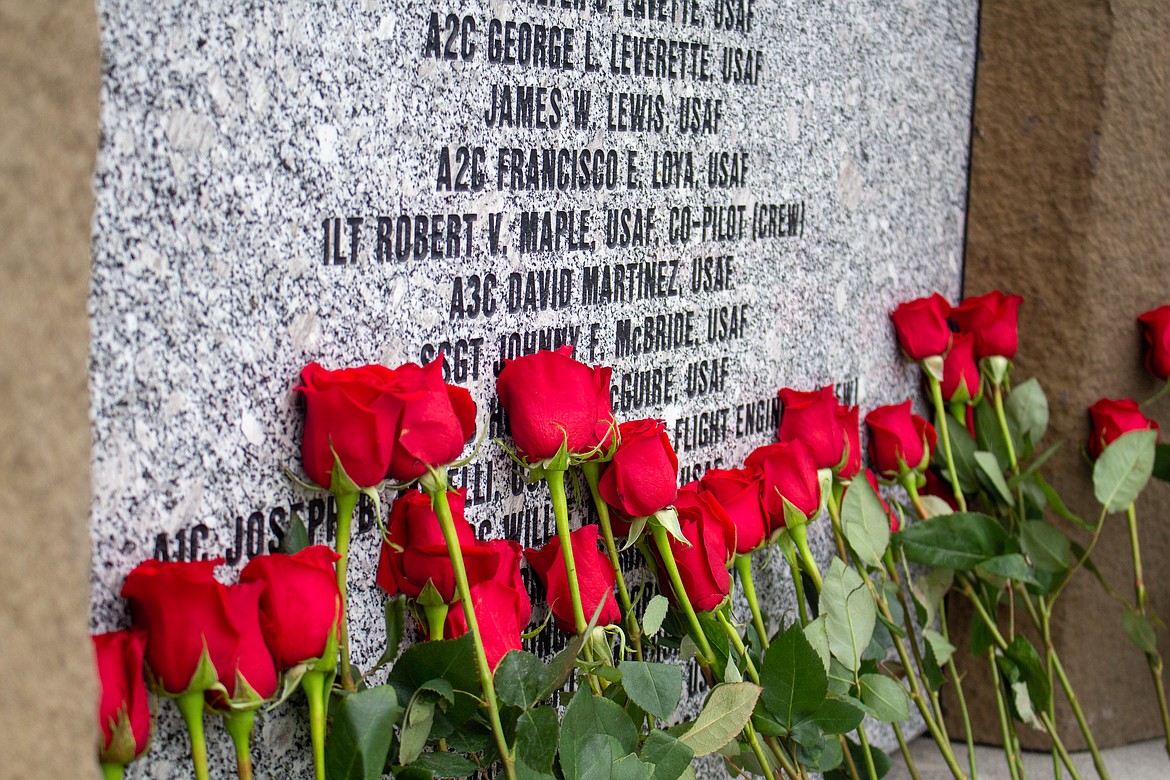 Commemorative roses laid at the base of the Forgotten Heroes Memorial in Moses Lake on Memorial Day 2020.