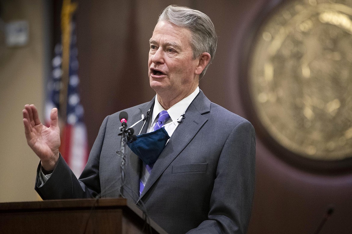 Idaho Gov. Brad Little speaks during a October 2020 press conference at the Statehouse in Boise. Gov. Little has issued an executive order repealing a mask-mandate prohibition put in place while he was out of the state by the lieutenant governor, describing her actions as a tyrannical abuse of power and an "irresponsible, self-serving political stunt."