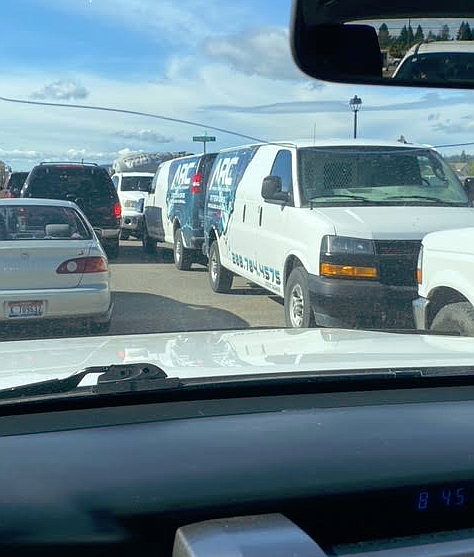 Construction and school traffic have been clashing on Moselle Drive in north Coeur d'Alene adjacent to Northwest Expedition Academy. This photo, taken during drop-off time Tuesday, shows the busy bottleneck.