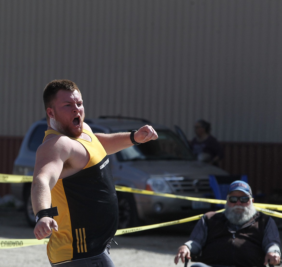 JASON ELLIOTT/Press
Lucas Warning reacts after watching his attempt in the men's shot put during the Iron Wood Throws Classic on Saturday in Rathdrum.