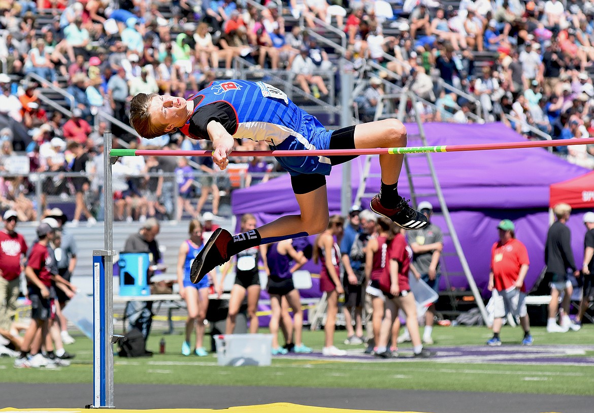 Bigfork's Wyatt Duke jumps 6 feet, 2 inches to a third-place finish in the boys Class B high jump event at the Montana Class A-B State Track and Field Meet in Laurel on Saturday. (Whitney England/Whitefish Pilot)