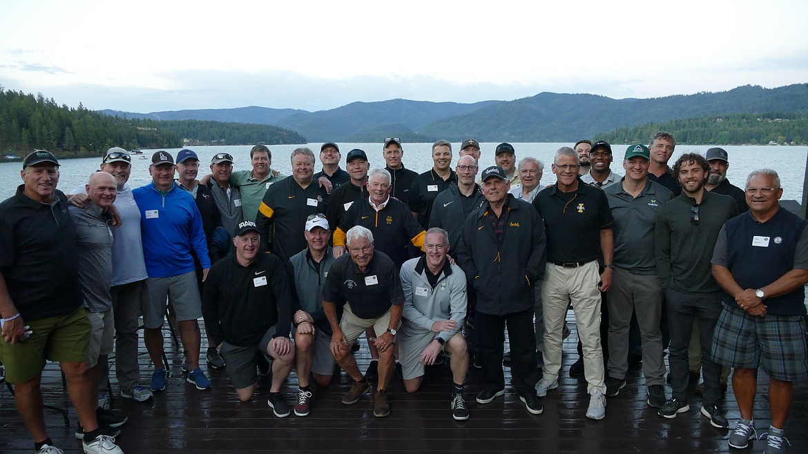 Courtesy photo
Former Idaho Vandals who played and coached with former Vandal coach Dennis Erickson gathered on May 22 at the Hayden Lake Country Club to honor Erickson on his induction into the College Football Hall of Fame. In the front row from left are Jim Medved, John Pleas, Dick Mooney, Jerry Medved, Keith Gilbertson, Chris Tormey, Brian Strandley, Gunnar Amos and Tim Lappano; middle row from left, Mike Cox, Scott Linehan, Dennis Erickson, Eric Hurdstrum and John Shelt; and back row from left, Kurt Vestman, Mark Tidd, Mark Schlereth, Dave Parker, Boone McCanna, Tom Hennessey, Daryn Young, Steve Unger, Pete Wilkins, Rick Phillips, Ryan Phillips, Jason Shelt, Jake Manley, Desmond Banks, John Friesz and Josh Fetter.