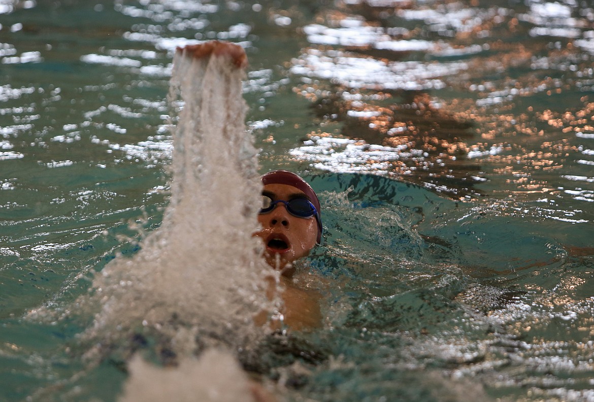 Moses Lake's Kade Pack swims back across the pool in the 200 yard individual medley event last Thursday afternoon in the home meet at Moses Lake High School.