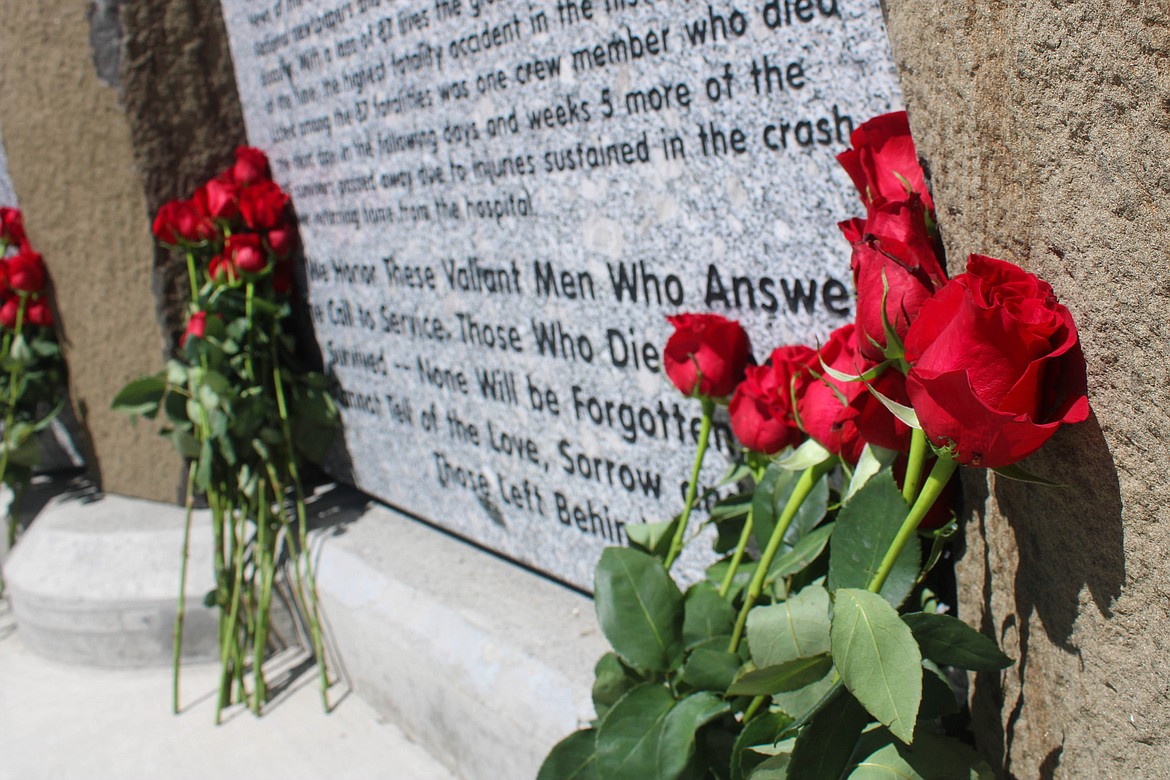 87 roses, one for each of the fallen soldiers in the 1952 crash, were laid at the Memorial Day service at the 87 Forgotten Heroes Memorial in Moses Lake.