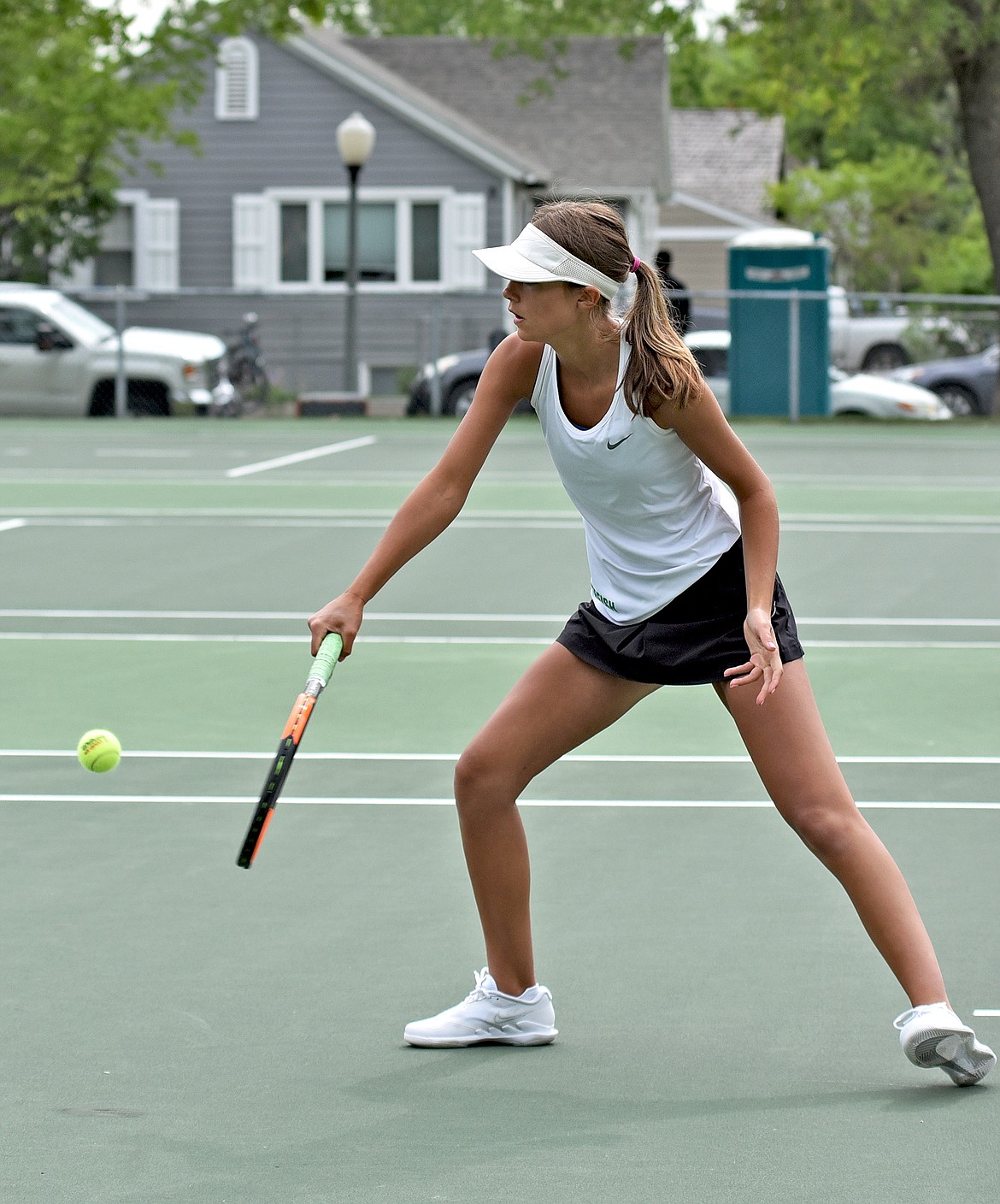 Lady Bulldog Lauren Brown plays in a match against Libby the State A tennis tournament in Billings on Friday. (Whitney England/Whitefish Pilot)