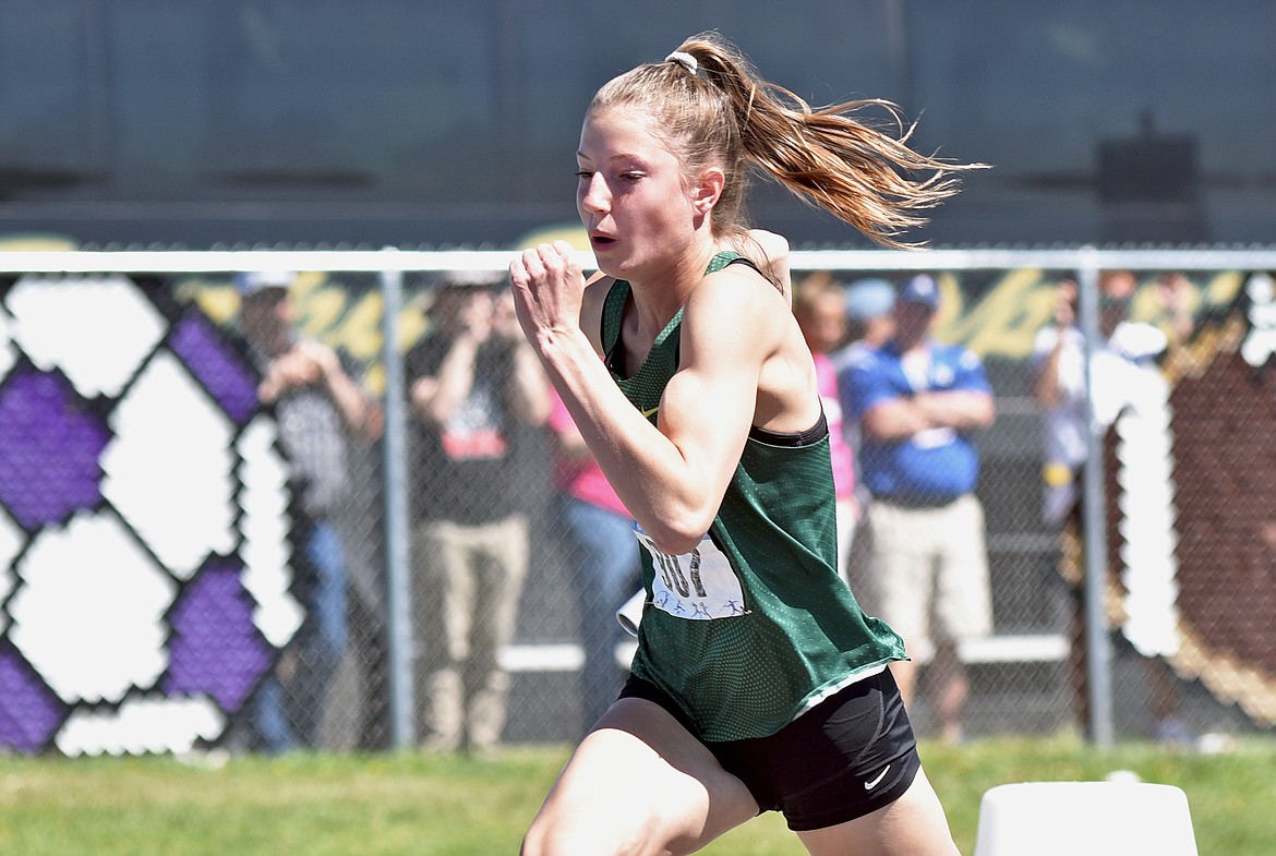 Whitefish's Hailey Ells takes off at the start of the 4X100 relay race at the Class A-B State track and field meet in Laurel on Saturday. (Whitney England/Whitefish Pilot)