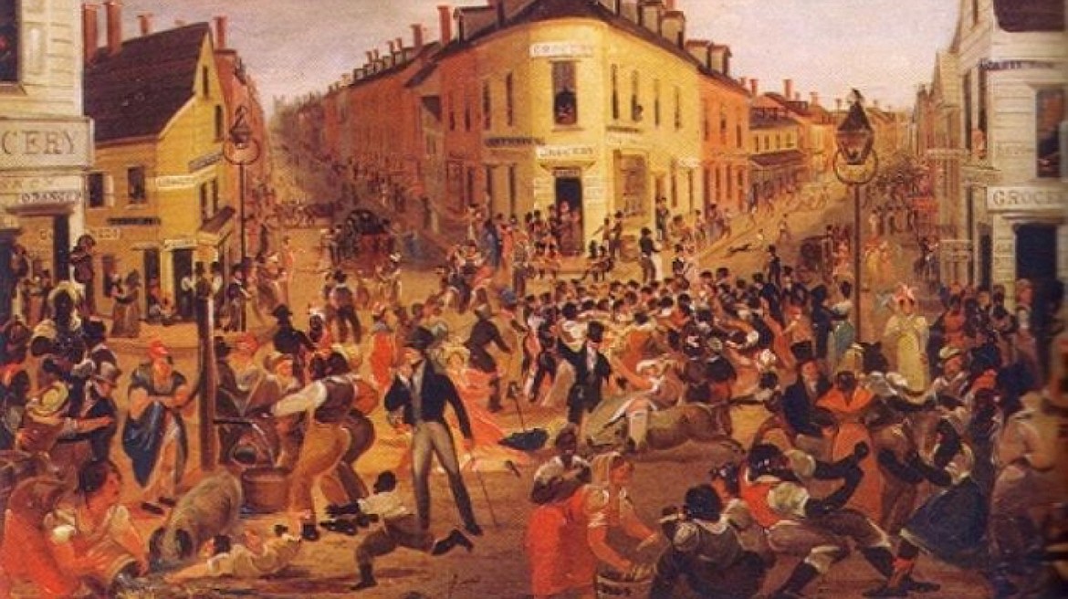 Painting by George Catlin (1796-1872) of the deadly 1863 riot at Five Points, a “disease-ridden, crime-infested” slum in Lower Manhattan, where mostly Irish immigrants protested newly imposed law drafting men into the Union Army during the Civil War, with 114 or more killed, including blacks who were beaten, mutilated and lynched because they were exempt from the draft.